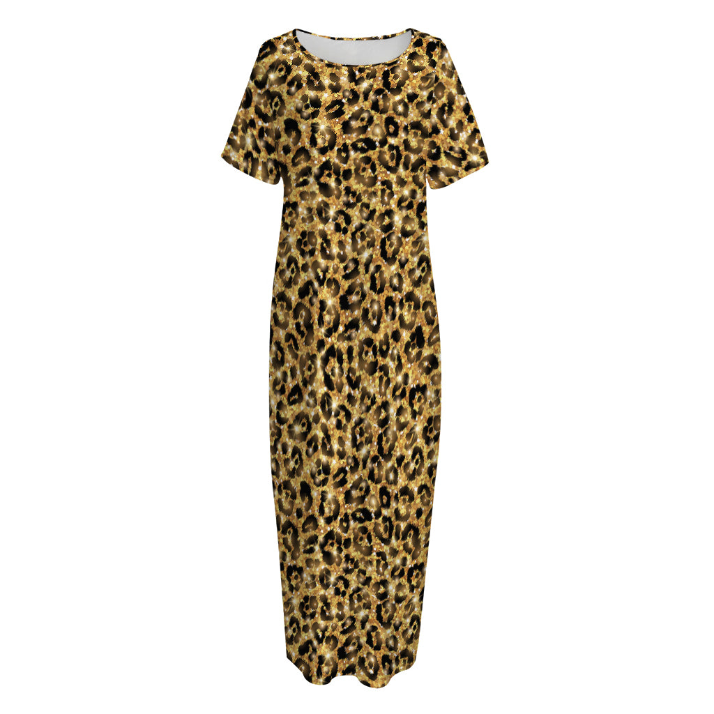 Gold Leopard (NOT Real) Glitter Print Short Sleeve Long Nightdress