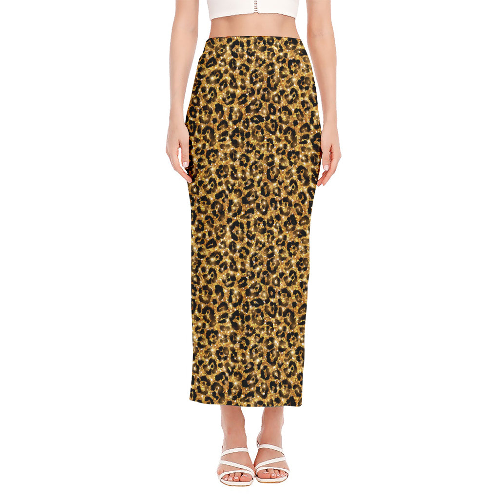 Gold Leopard (NOT Real) Glitter Print Side Slit Maxi Skirt