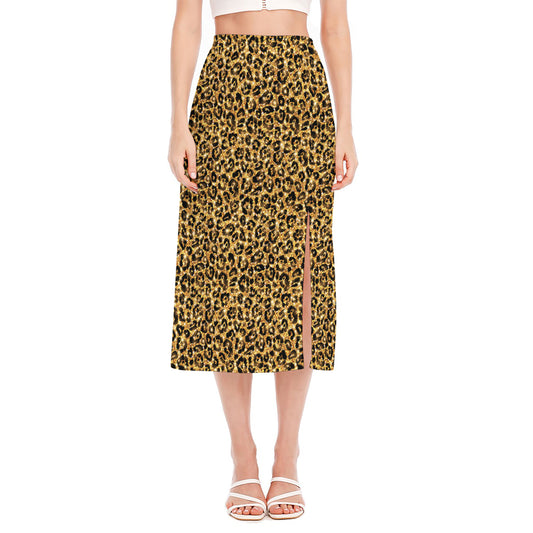 Gold Leopard (NOT Real) Glitter Print Side Slit Midi Skirt