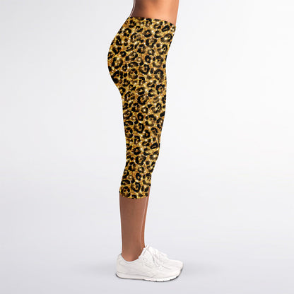 Gold Leopard (NOT Real) Glitter Print Women's Capri Leggings
