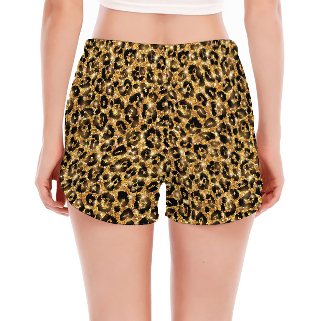 Gold Leopard (NOT Real) Glitter Print Women's Split Running Shorts