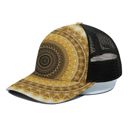 Gold Lights Kaleidoscope Print Black Mesh Trucker Cap