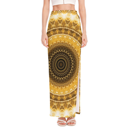 Gold Lights Kaleidoscope Print High Slit Maxi Skirt
