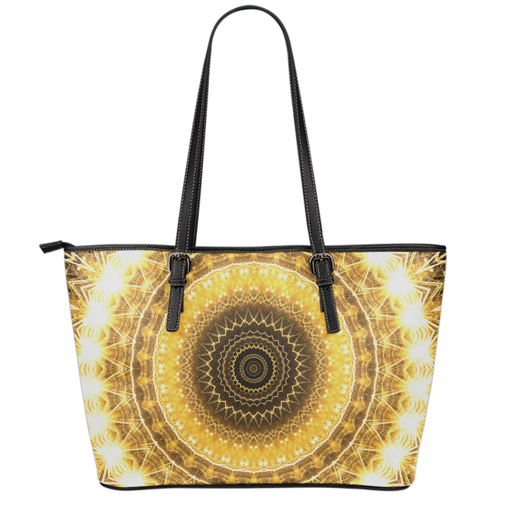 Gold Lights Kaleidoscope Print Leather Tote Bag