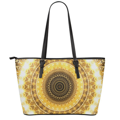 Gold Lights Kaleidoscope Print Leather Tote Bag