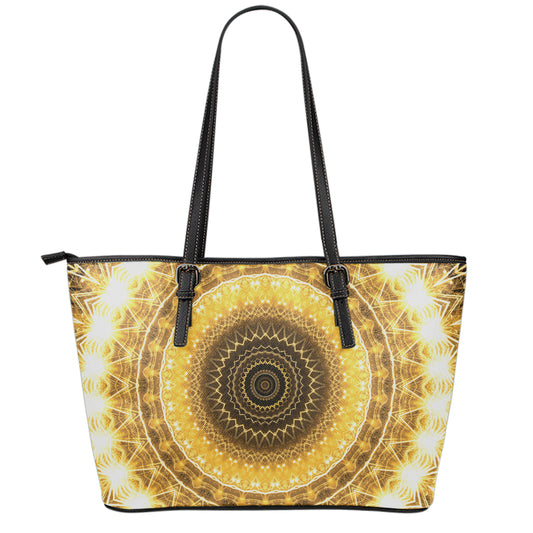 Gold Lights Kaleidoscope Print Leather Tote Bag