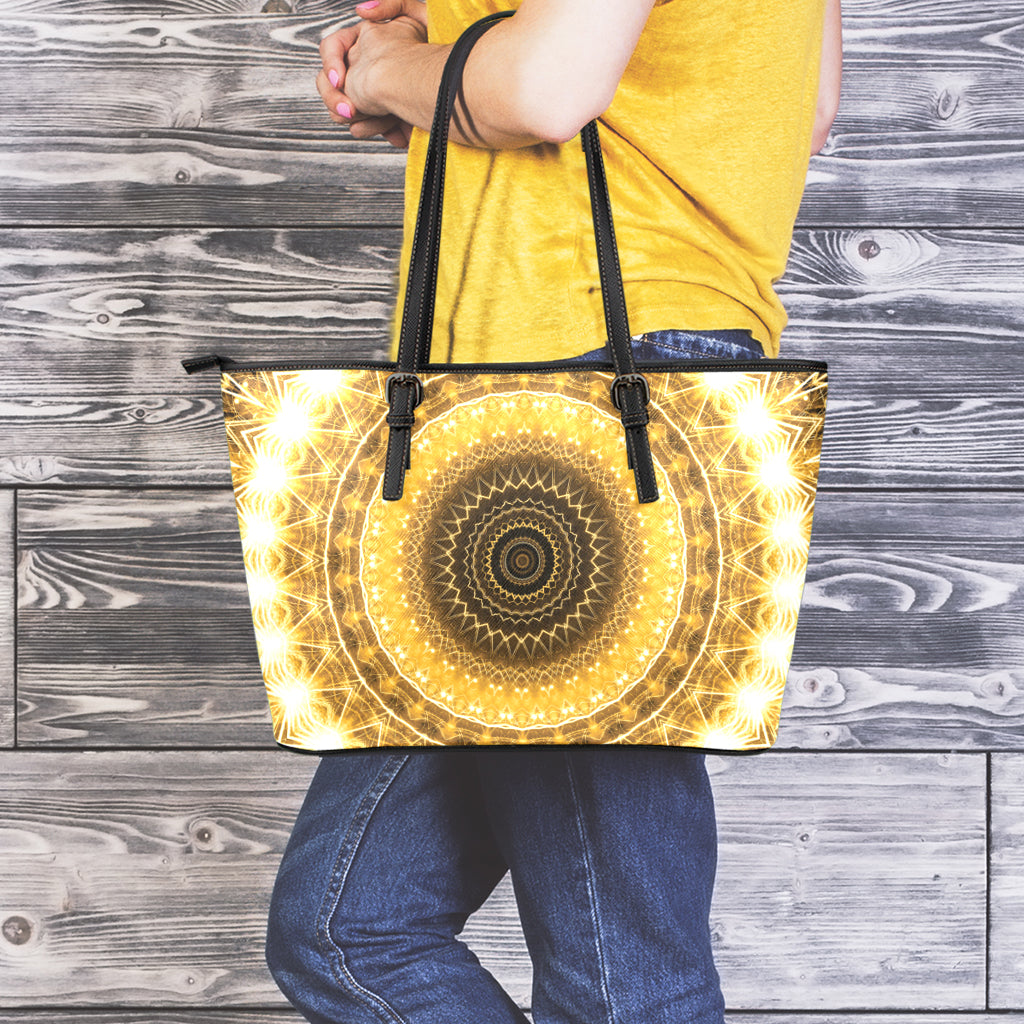 Gold Lights Kaleidoscope Print Leather Tote Bag