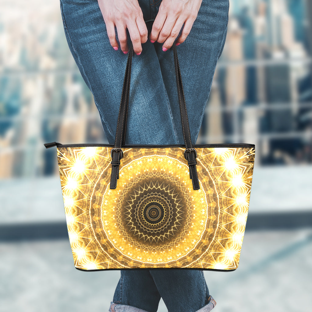 Gold Lights Kaleidoscope Print Leather Tote Bag