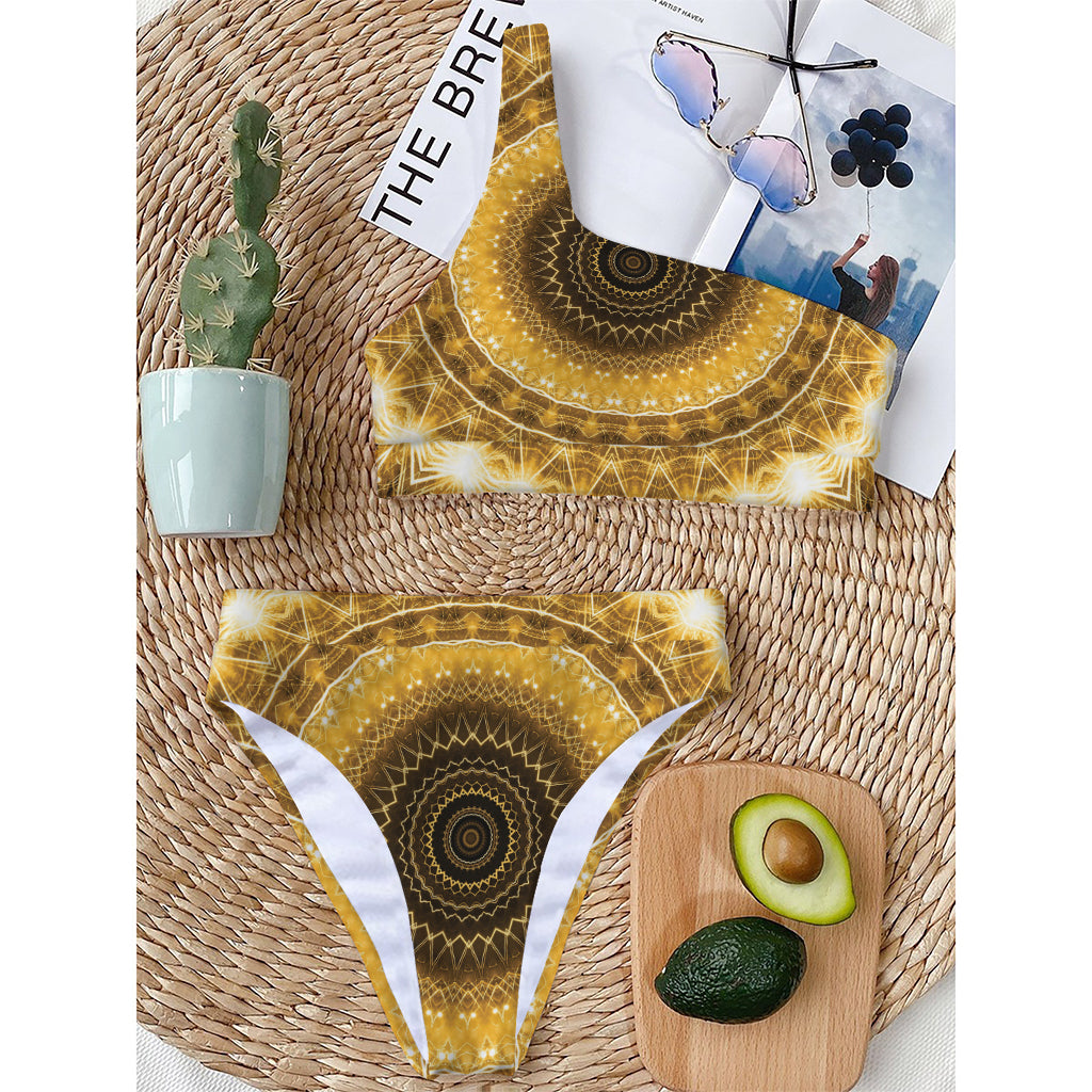 Gold Lights Kaleidoscope Print One Shoulder Bikini Top