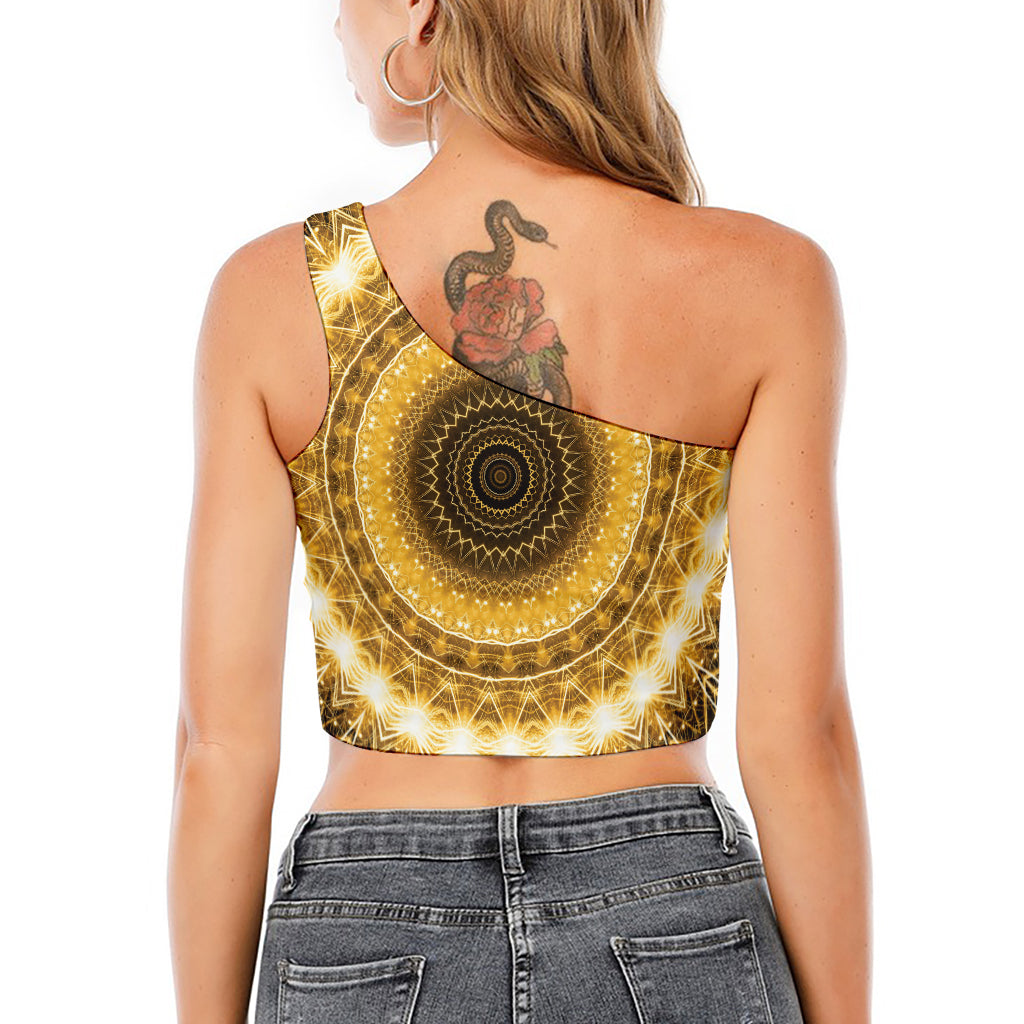 Gold Lights Kaleidoscope Print One Shoulder Crop Top
