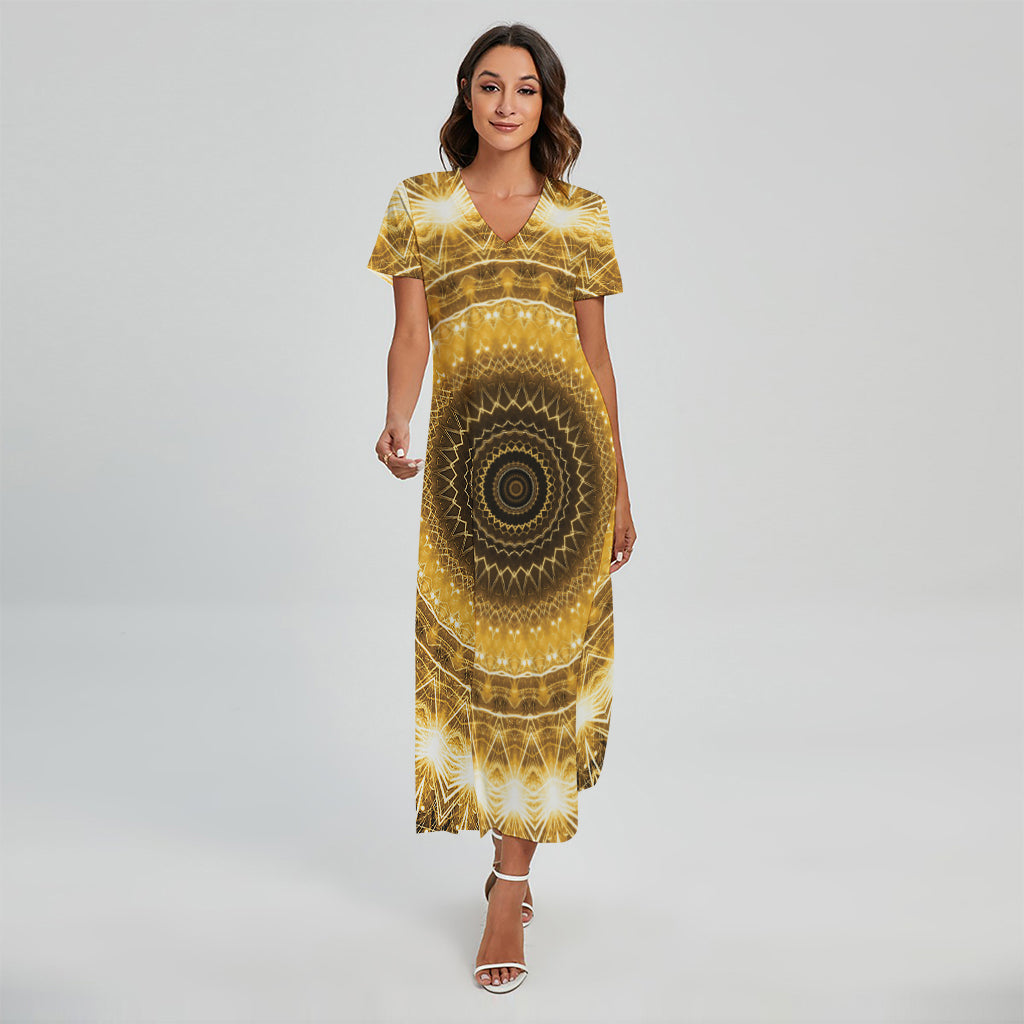 Gold Lights Kaleidoscope Print Short Sleeve Maxi Dress