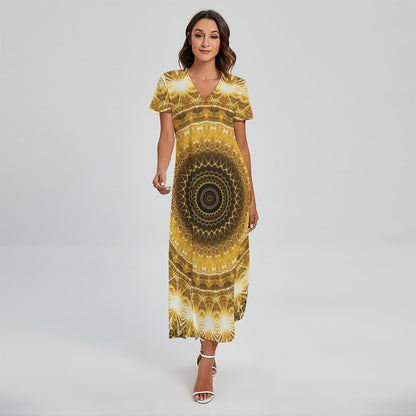 Gold Lights Kaleidoscope Print Short Sleeve Maxi Dress