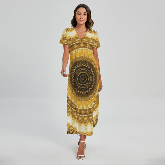 Gold Lights Kaleidoscope Print Short Sleeve Maxi Dress