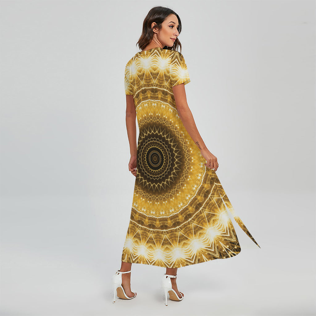 Gold Lights Kaleidoscope Print Short Sleeve Maxi Dress