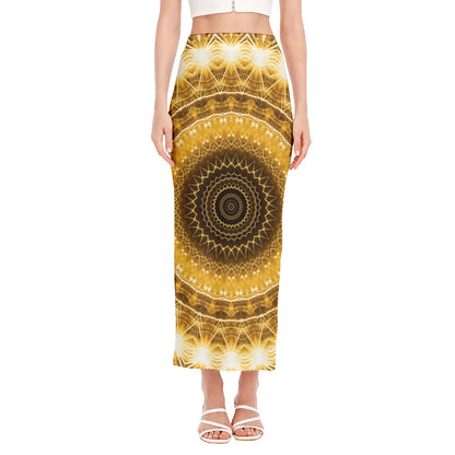 Gold Lights Kaleidoscope Print Side Slit Maxi Skirt