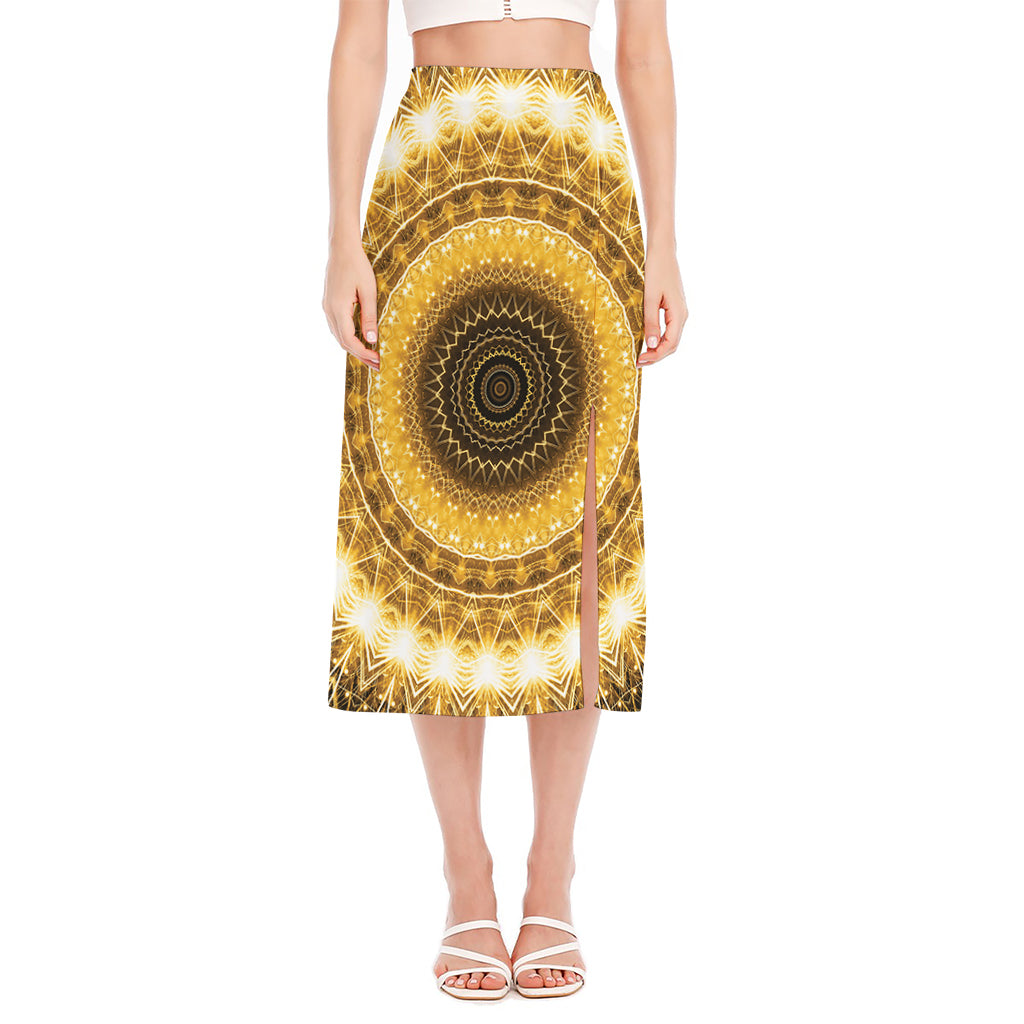 Gold Lights Kaleidoscope Print Side Slit Midi Skirt