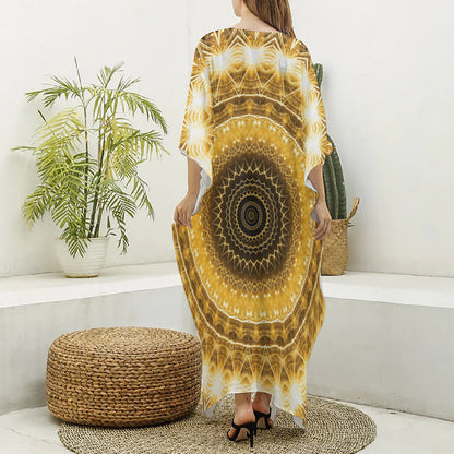 Gold Lights Kaleidoscope Print Silk V-Neck Kaftan Dress