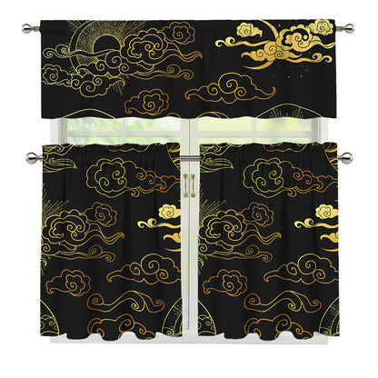 Gold Moon And Sun Print 3 Piece Kitchen Curtains