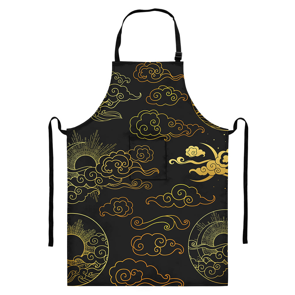 Gold Moon And Sun Print Bib Apron With Pocket