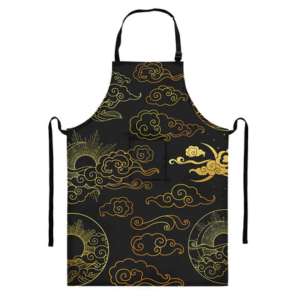 Gold Moon And Sun Print Bib Apron With Pocket