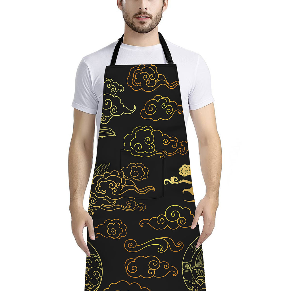 Gold Moon And Sun Print Bib Apron With Pocket
