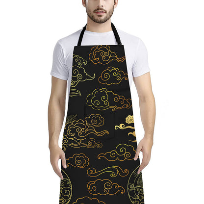 Gold Moon And Sun Print Bib Apron With Pocket