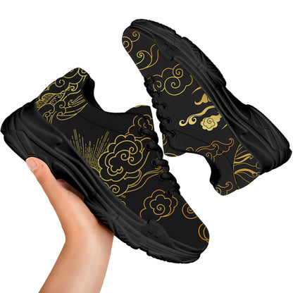 Gold Moon And Sun Print Black Chunky Shoes