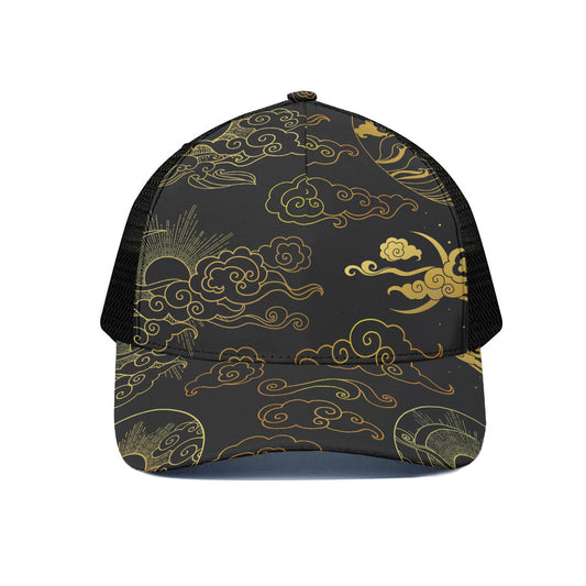 Gold Moon And Sun Print Black Mesh Trucker Cap