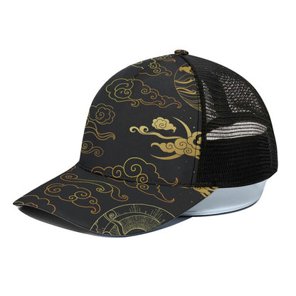 Gold Moon And Sun Print Black Mesh Trucker Cap