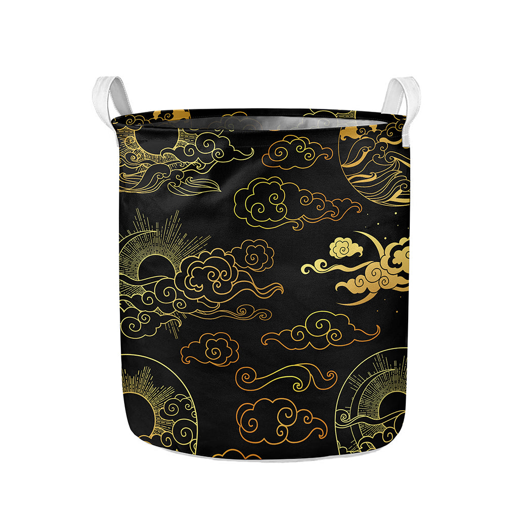 Gold Moon And Sun Print Collapsible Laundry Basket