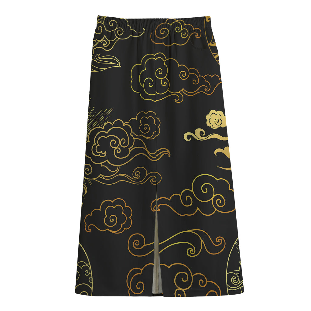 Gold Moon And Sun Print Cotton Front Slit Maxi Skirt