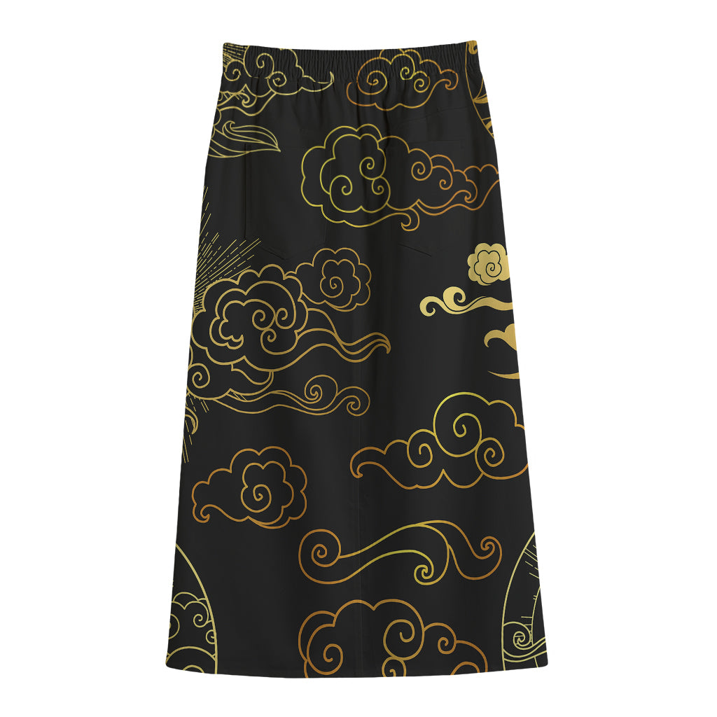 Gold Moon And Sun Print Cotton Front Slit Maxi Skirt