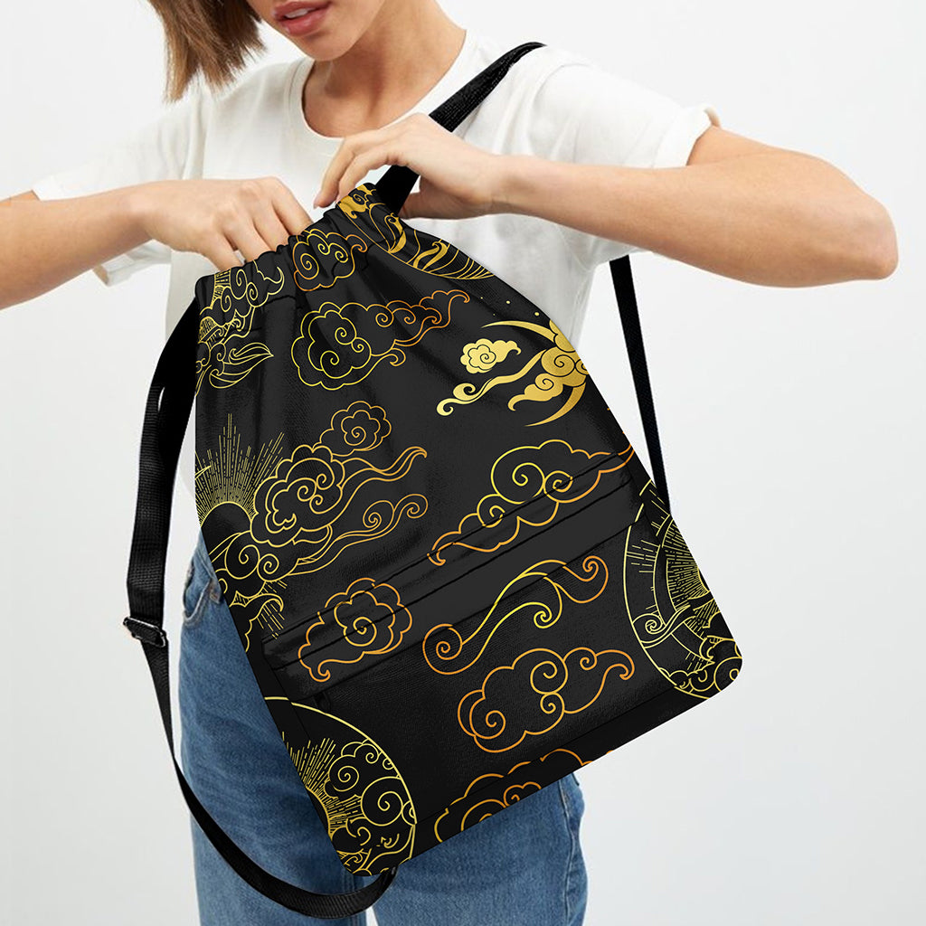 Gold Moon And Sun Print Drawstring Backpack