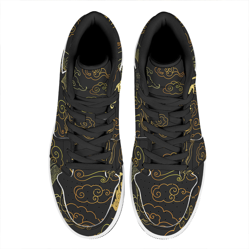 Gold Moon And Sun Print High Top Leather Sneakers