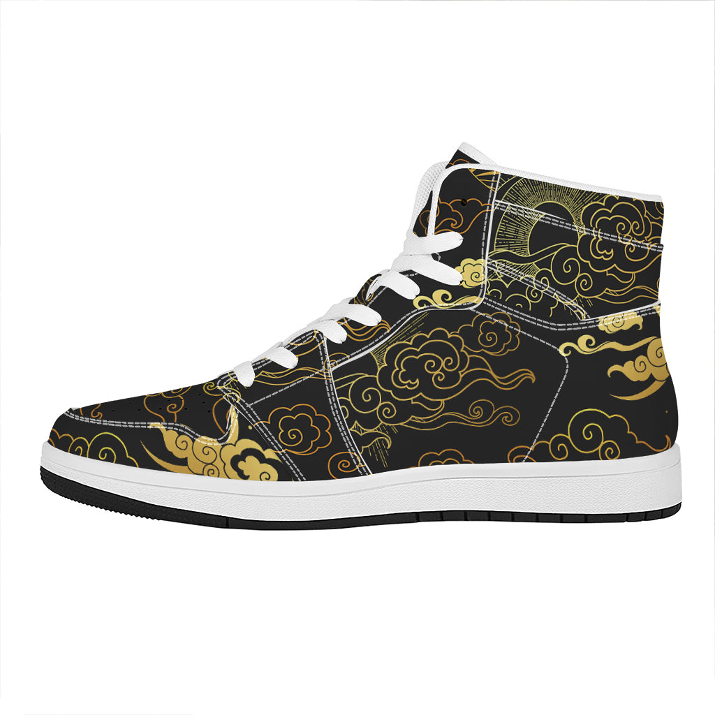 Gold Moon And Sun Print High Top Leather Sneakers