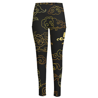Gold Moon And Sun Print High-Waisted Pocket Leggings