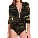 Gold Moon And Sun Print Long Sleeve Swimsuit