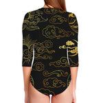 Gold Moon And Sun Print Long Sleeve Swimsuit