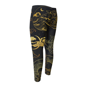 Gold Moon And Sun Print Men's Compression Pants