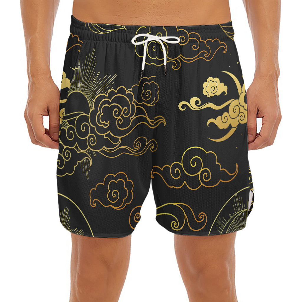Gold Moon And Sun Print Men's Split Running Shorts