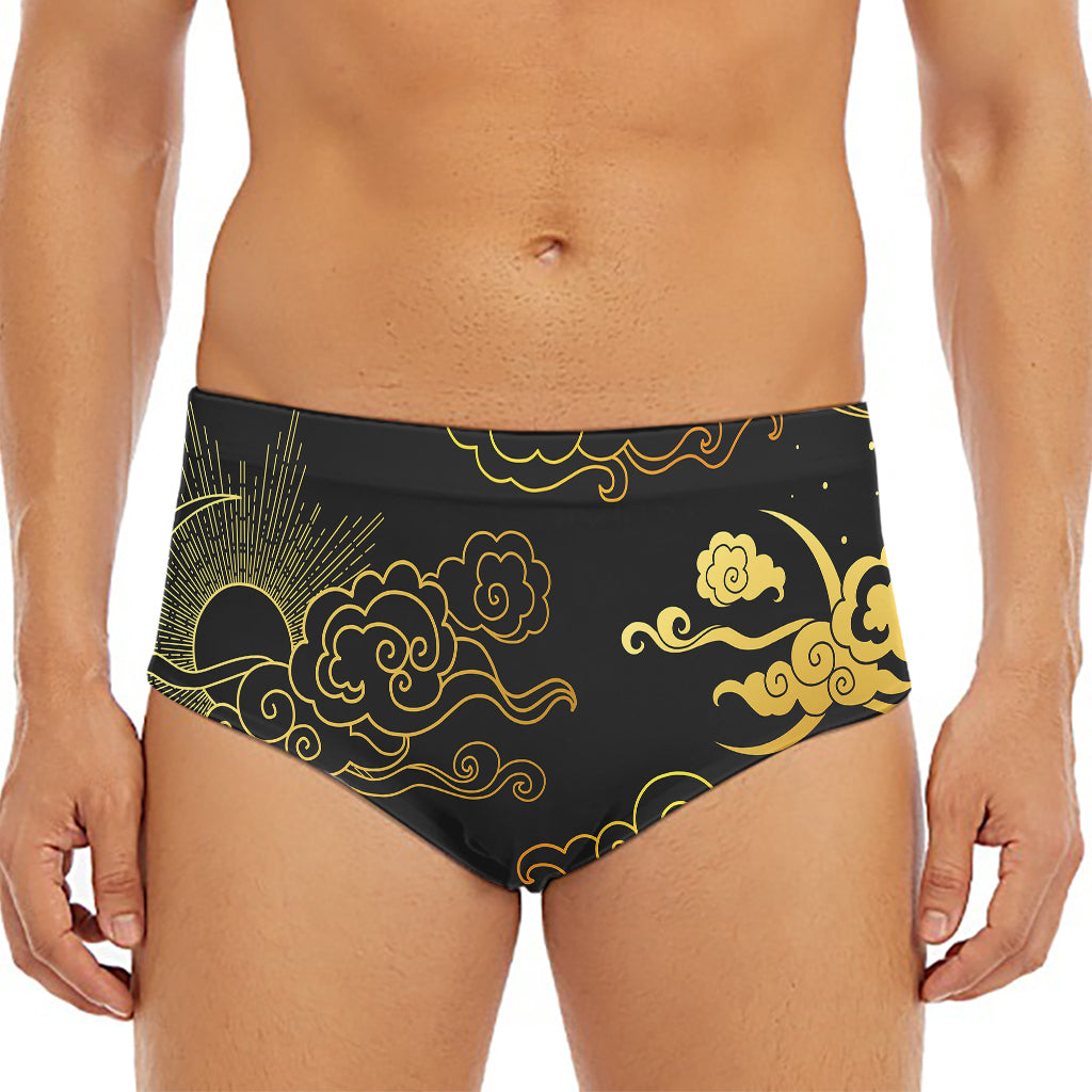 Gold Moon And Sun Print Men's Triangle Swim Briefs