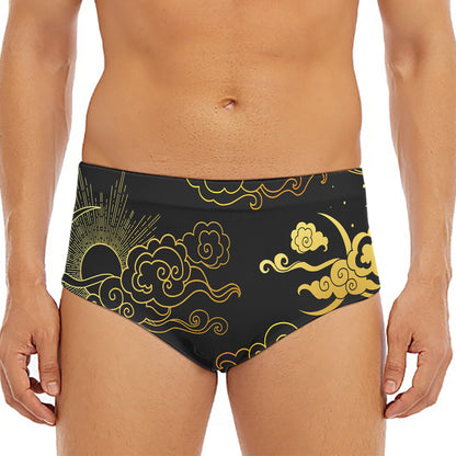 Gold Moon And Sun Print Men's Triangle Swim Briefs