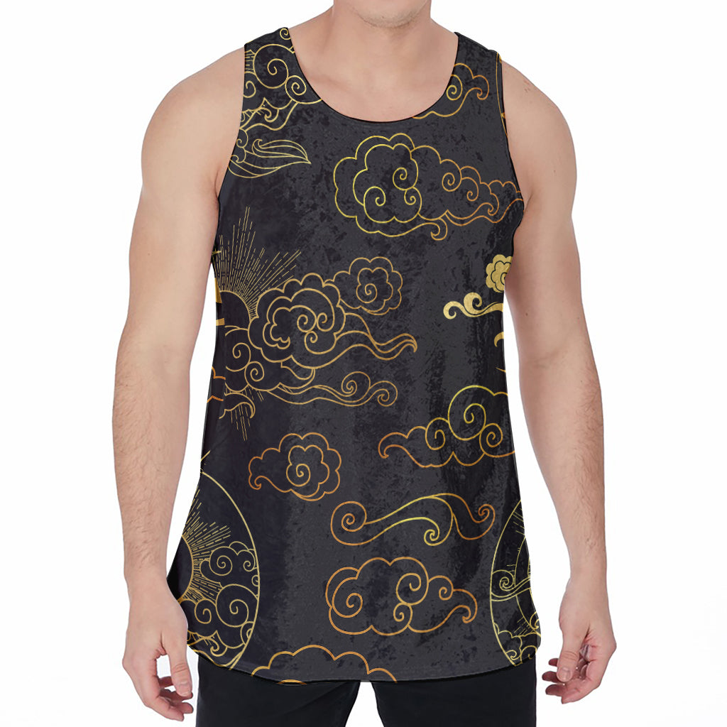 Gold Moon And Sun Print Men's Velvet Tank Top