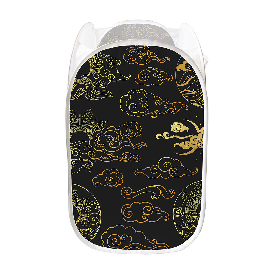 Gold Moon And Sun Print Mesh Laundry Hamper