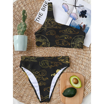 Gold Moon And Sun Print One Shoulder Bikini Top