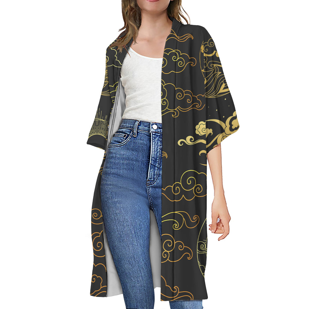 Gold Moon And Sun Print Open Front Beach Cover Up