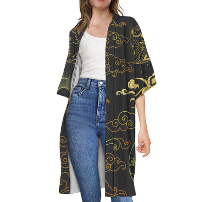 Gold Moon And Sun Print Open Front Beach Cover Up