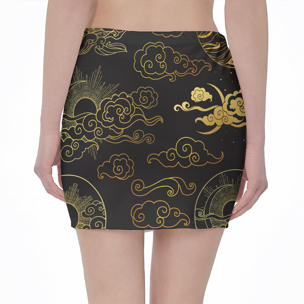Gold Moon And Sun Print Pencil Mini Skirt