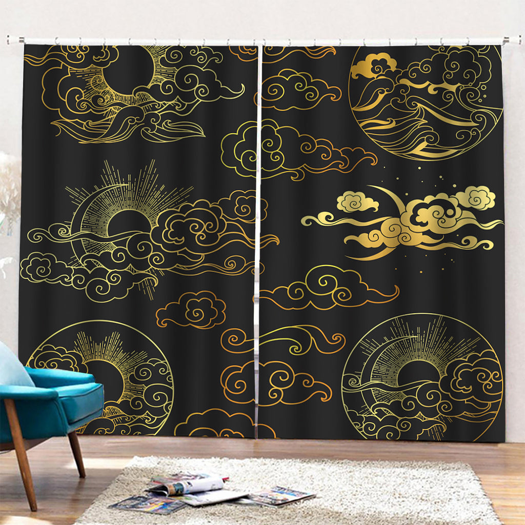 Gold Moon And Sun Print Pencil Pleat Curtains