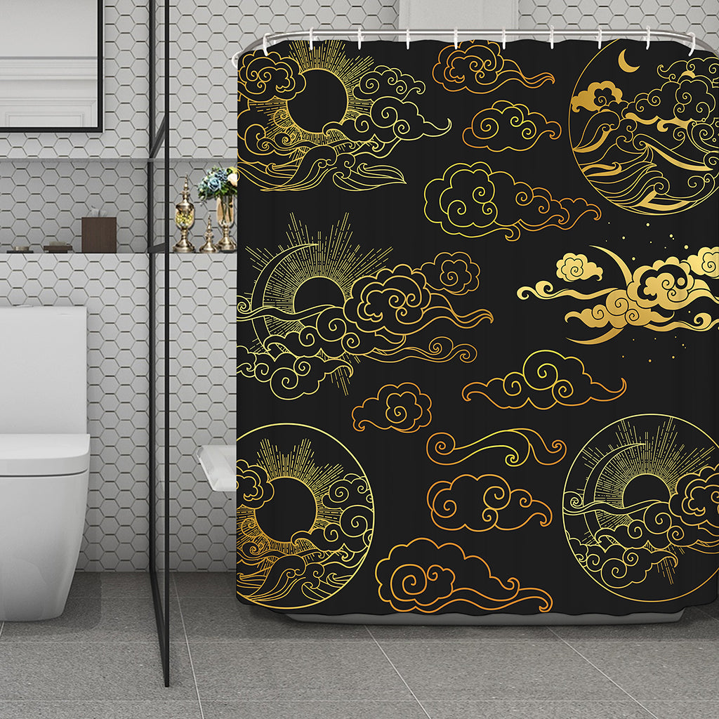 Gold Moon And Sun Print Polyester Shower Curtain